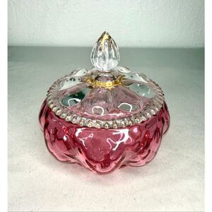 Vintage Fenton Glass Diamond Optic Candy Dish Powder Jar Cranberry Gold Accents